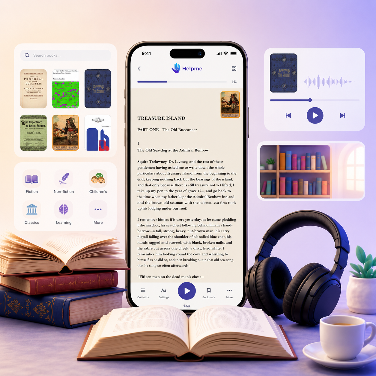 HelpMe UK app showing books, audiobooks and reading tools